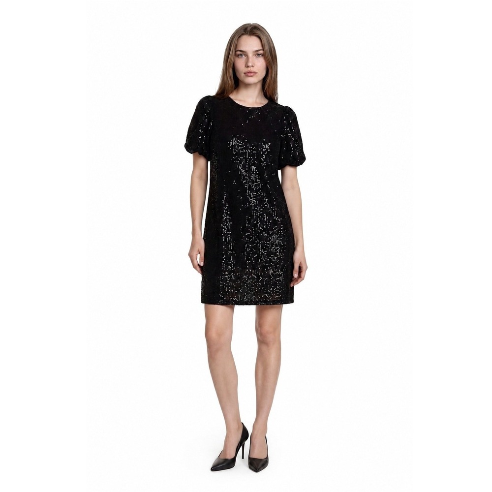 NEW Entro Black Sequin Mini Dress Women's Size Medium Puff Sleeve Shift‎